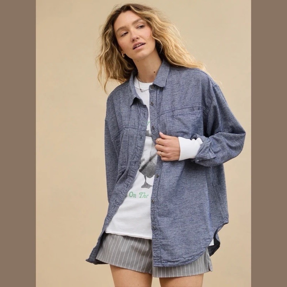 NEW Aerie Anytime Fave Twill Button Down Flannel Blue Capsule Outdoors XXL